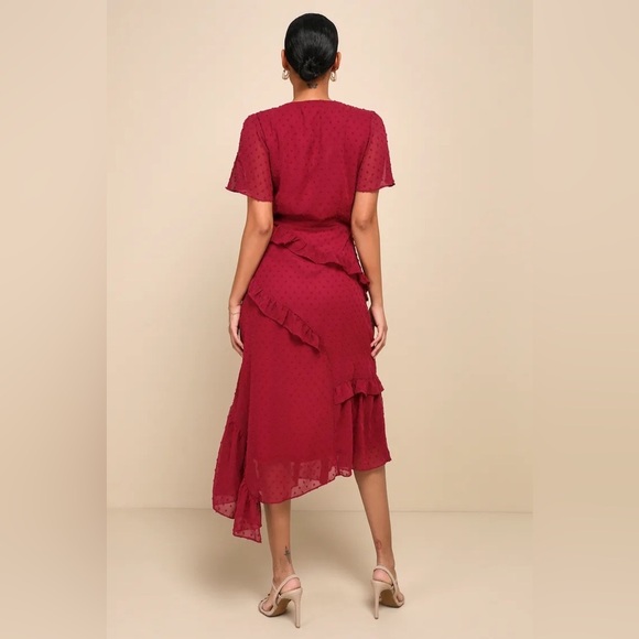 Lulus Women’s Next to You Wine Swiss Dot Ruffled Midi Asymmetrical Dress, Xsmall - Picture 3 of 8